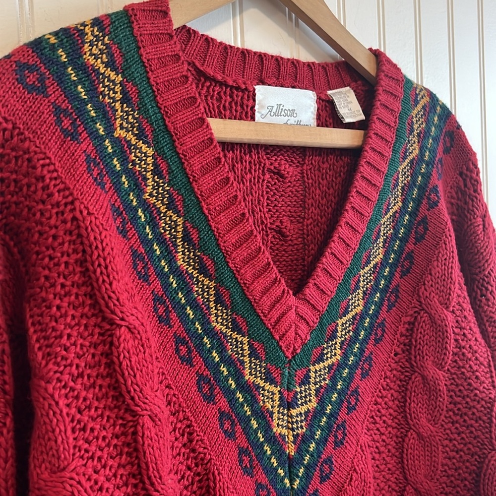 Allison Brittney sweater women size medium‎ chunky cableknit V-neck vintage 90s - Picture 2 of 8